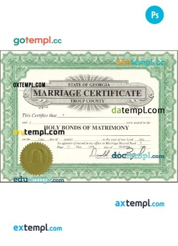 USA Georgia certificate of marriage template in PSD format