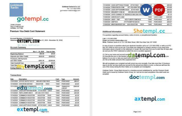 USA Goldman Sachs bank Premium Visa Debit Card statement Word and PDF template, 2 pages