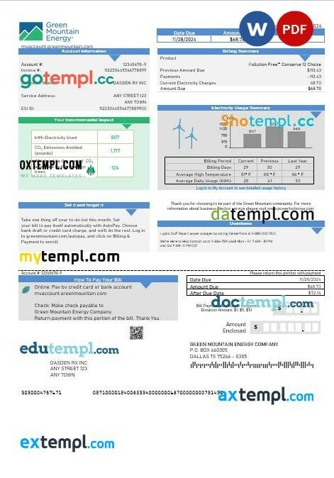 USA Green Mountain Energy business utility bill template in Word and PDF formats