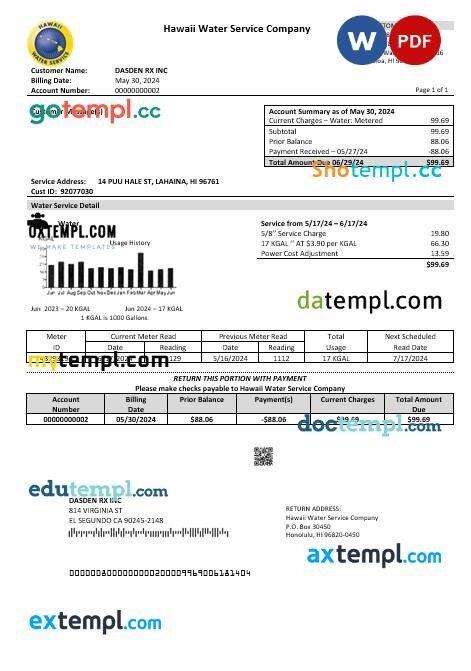 USA Hawaii Water Service Company business utility bill template in Word and PDF formats