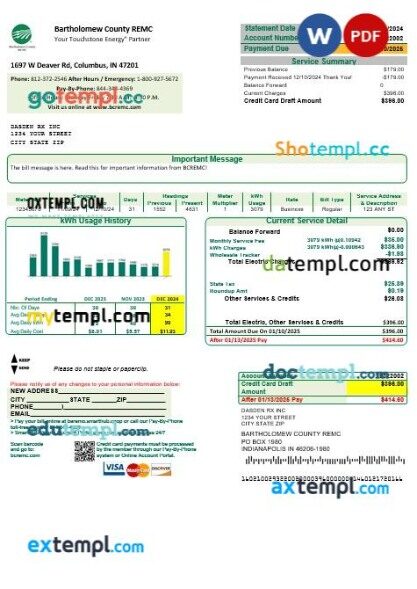 USA Indiana Bartholomew County REMC business utility bill template in Word and PDF formats