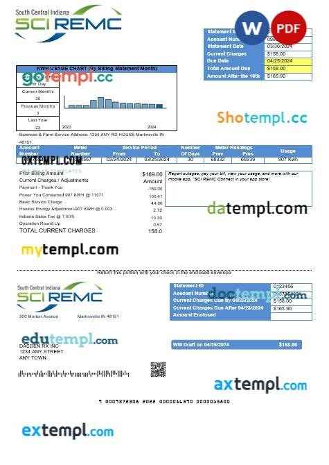 USA Indiana SCI REMC business utility bill template in Word and PDF formats