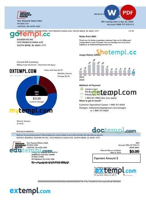 USA Indiana electricity business utility bill template in Word and PDF formats