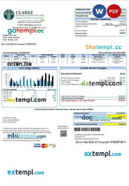 USA Iowa Clarke Electric Cooperative, Inc business utility bill template in Word and PDF formats