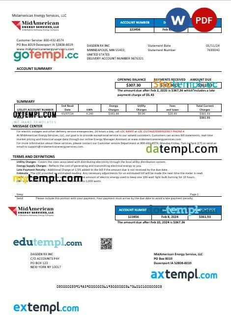 USA Iowa MidAmerican Energy Services business utility bill template in Word and PDF formats