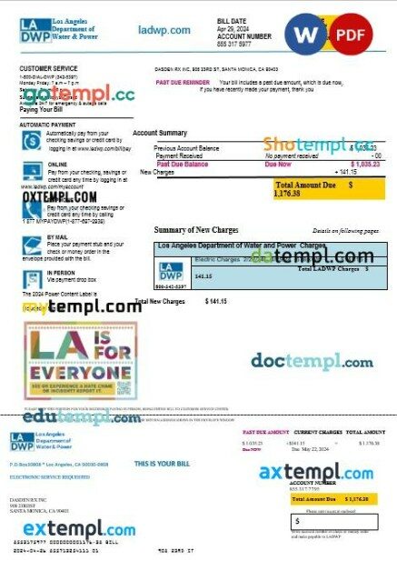 USA LA DWP business utility bill template in Word and PDF formats