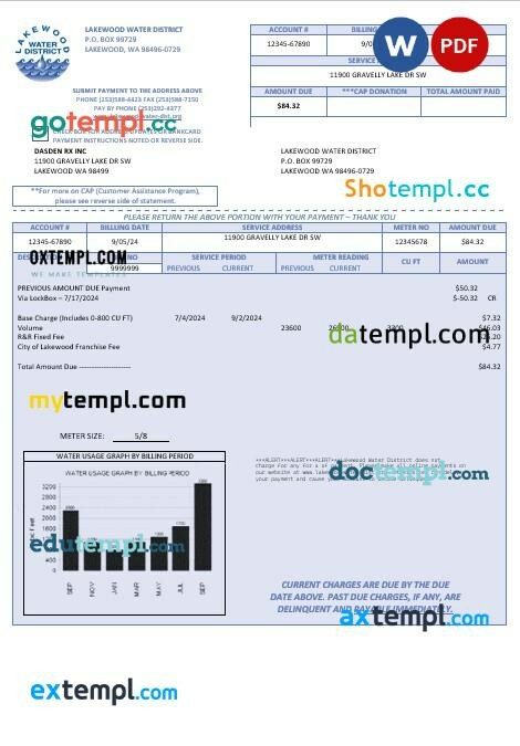 USA Lakewood Water District business utility bill template in Word and PDF formats