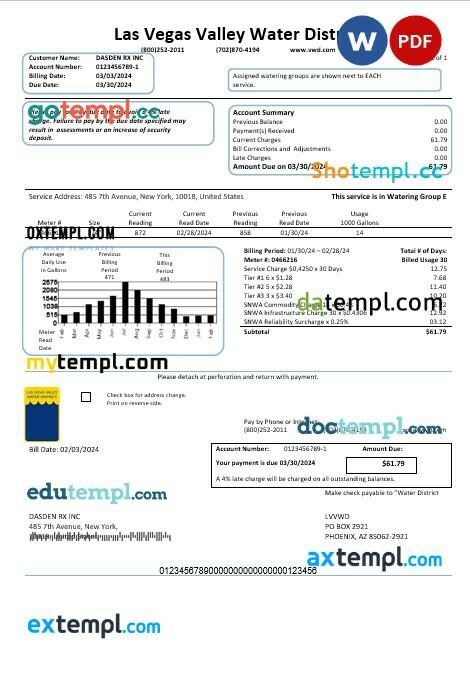 USA Las Vegas Valley Water District (LVVWD) business utility bill template in Word and PDF formats