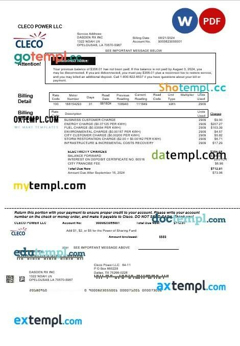 USA Louisiana Cleco Power electricity business utility bill template in Word and PDF formats