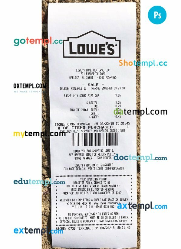 USA Lowe's payment receipt receipt PSD template