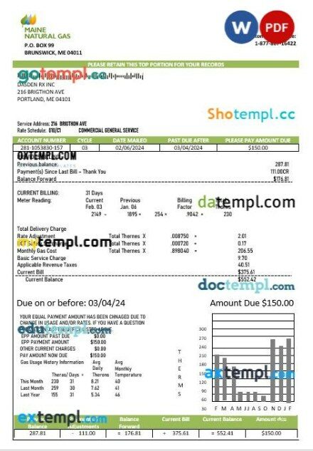 USA Maine Natural Gas Portland business utility bill template in Word and PDF formats