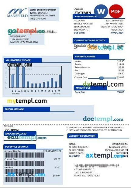 USA Mansfield Texas business utility bill template in Word and PDF formats