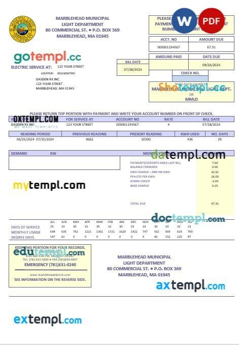 USA Marblehead Municipal Light Department business utility bill template in Word and PDF formats