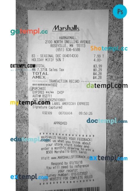 USA Marshalls store payment receipt PSD template