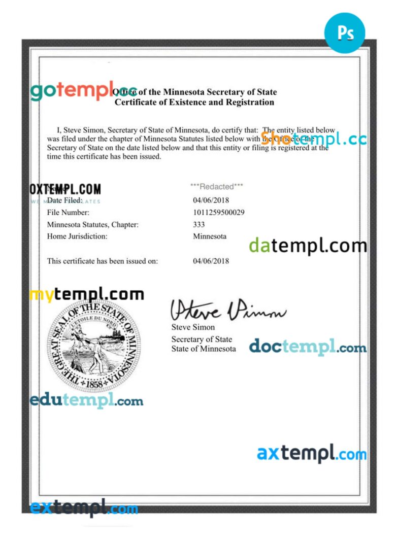 USA Minnesota certificate of good standing PSD template for a business