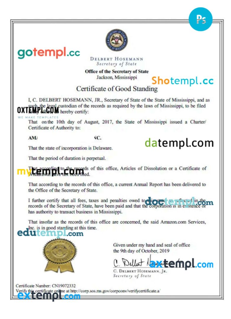 USA Mississippi certificate of good standing PSD template for a corporation