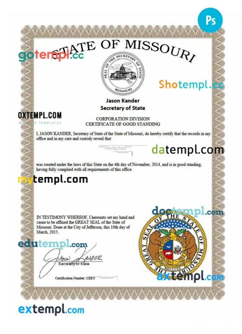 USA Missouri certificate of good standing PSD template for a company