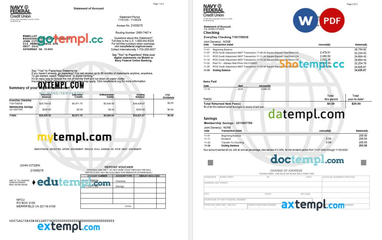 USA Navy Federal bank statement current version, Word and PDF template, 3 pages, version 2