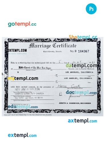 USA Nevada certificate of marriage template in PSD format