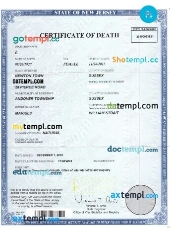 USA New Jersey certificate of death template in PSD format