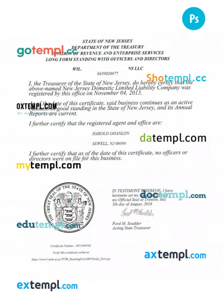 USA New Jersey certificate of good standing PSD template for a corporation