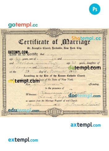 USA New York certificate of marriage template in PSD format