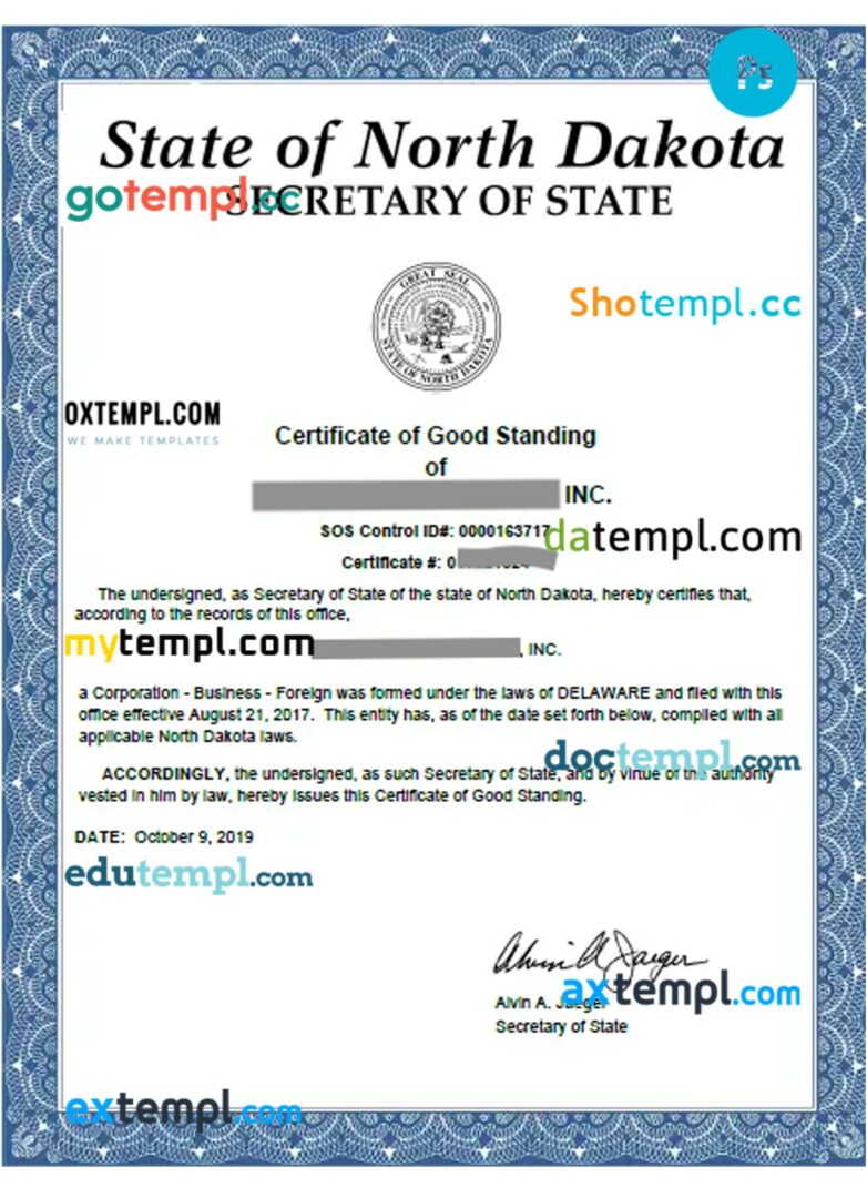 USA North Dakota certificate of good standing PSD template for a company