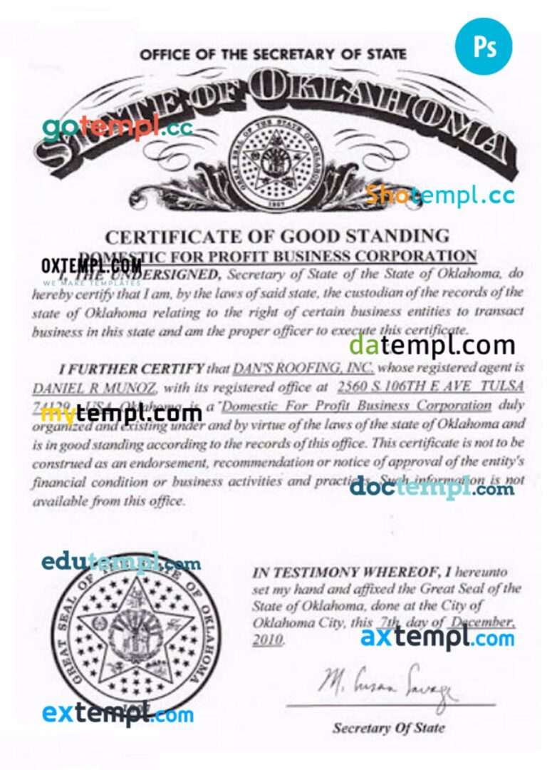 USA Oklahoma certificate of good standing PSD template for a corporation