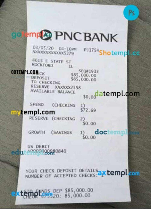 USA PNC bank payment receipt PSD template