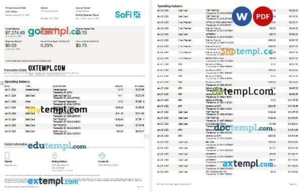 USA Sofi bank statement Word and PDF template, 4 pages