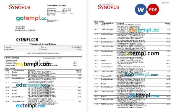 USA Synovus Bank statement Word and PDF template, 4 pages