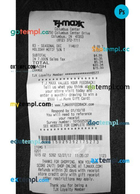 USA TJ Maxx store payment receipt PSD template