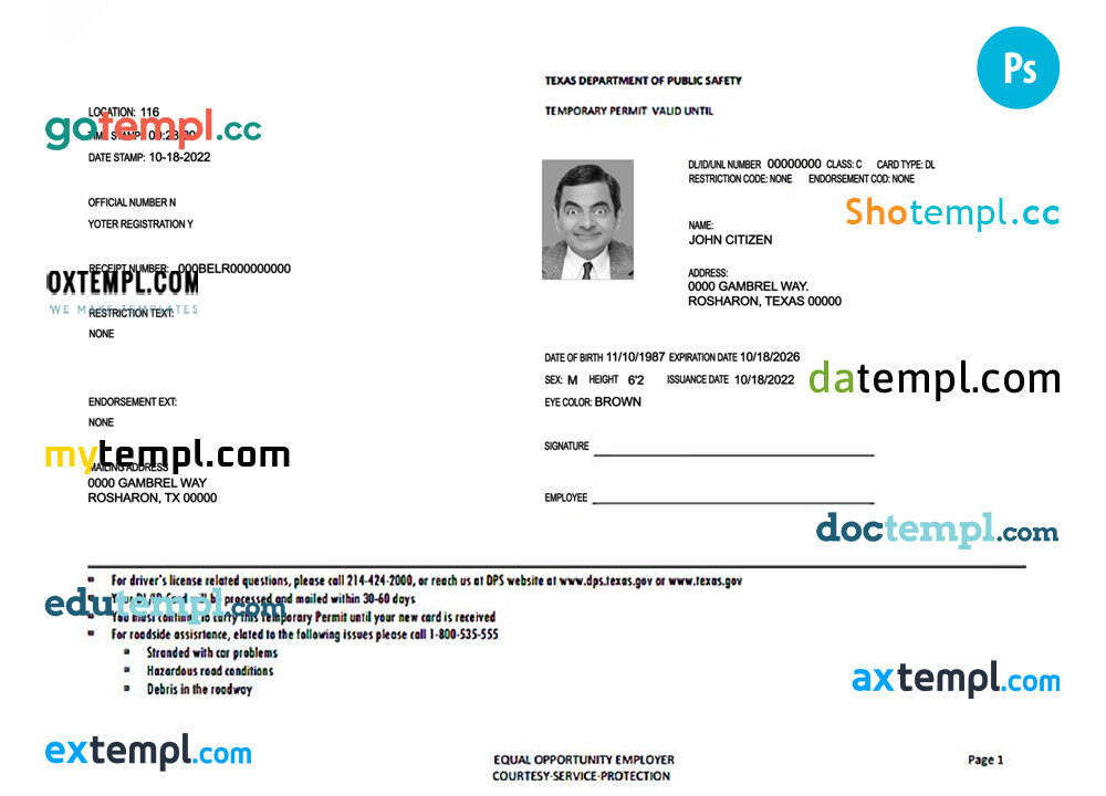 USA Texas driving license temporary permit example in PSD format