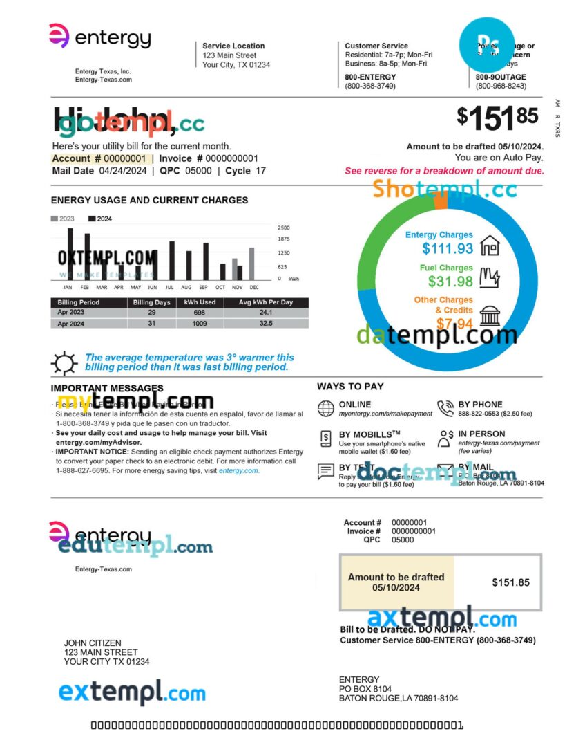 USA Texas Entergy utility bill template in PSD format, 2 pages