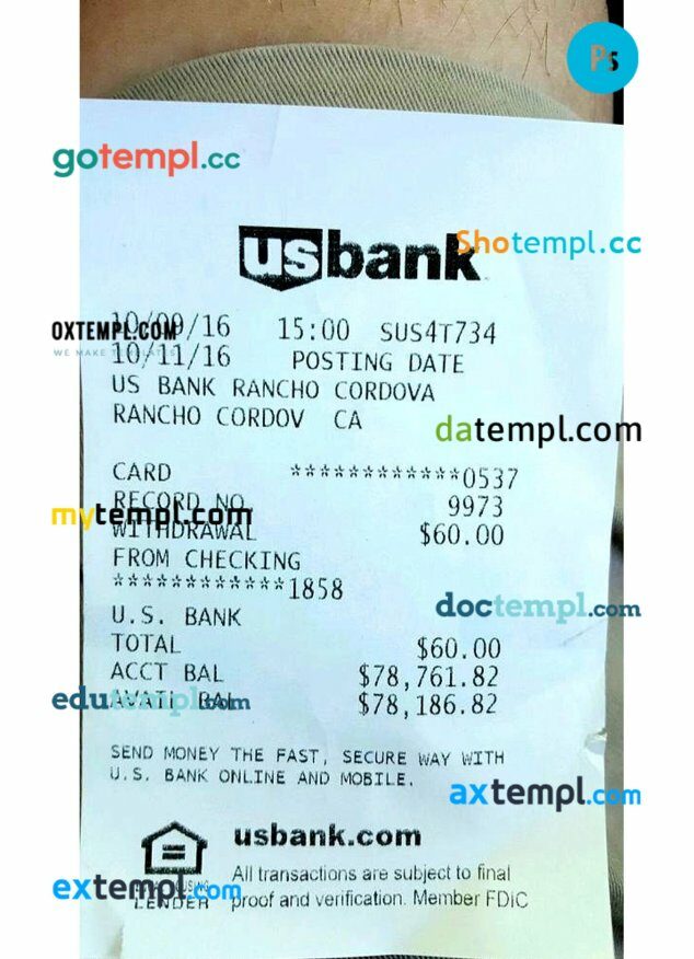 USA US bank payment receipt PSD template