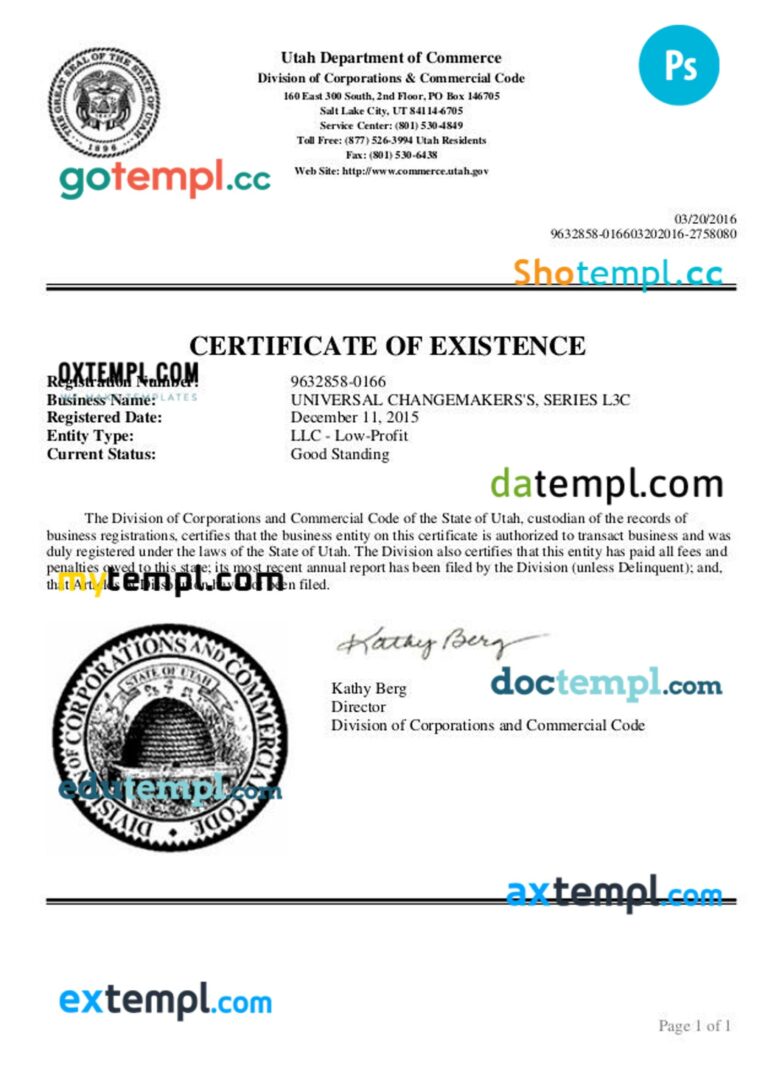 USA Utah certificate of good standing PSD template for a company