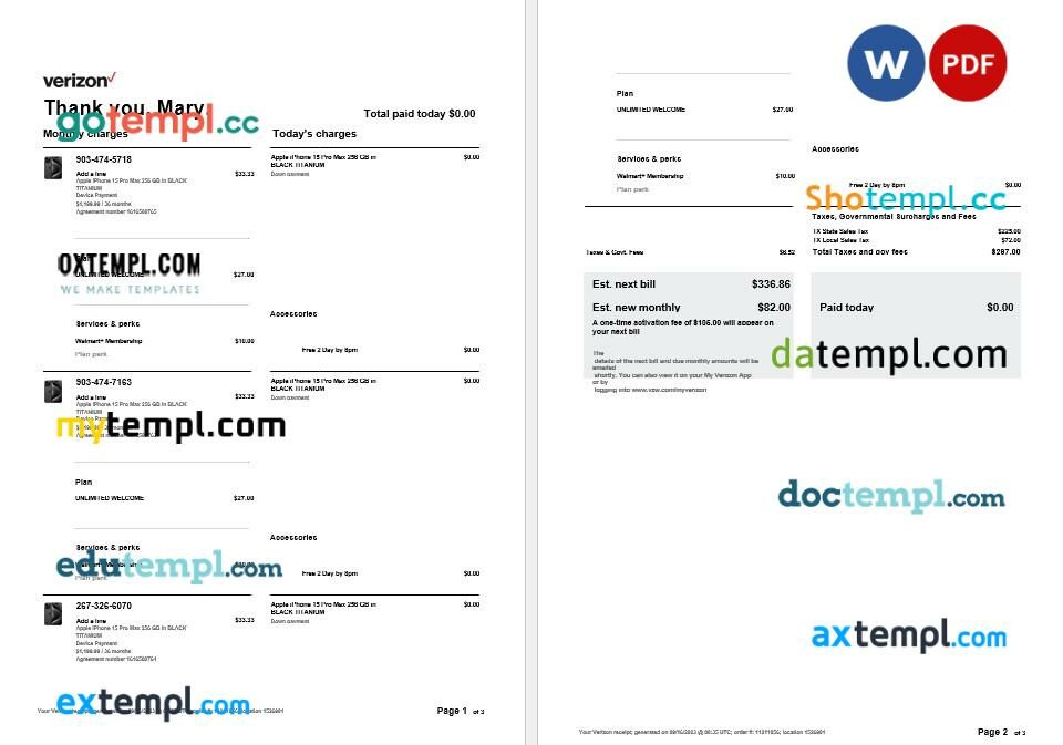 USA Verizon tax bill editable template in Word and PDF formats