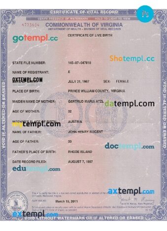 USA Virginia certificate of live birth template in PSD format