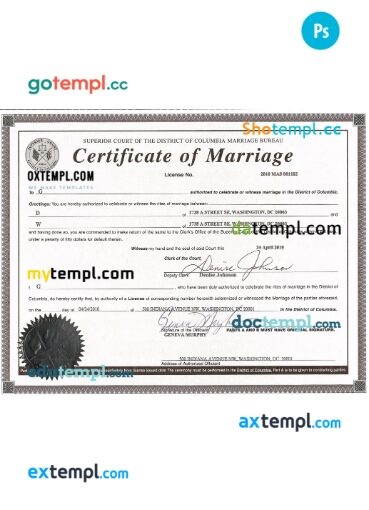 USA Washington certificate of marriage template in PSD format