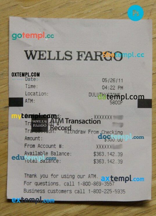 USA Wells Fargo company payment receipt PSD template