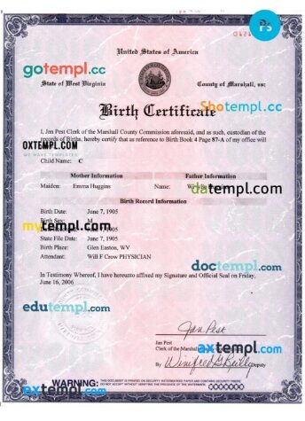 USA West Virginia birth certificate template in PSD format, version 2