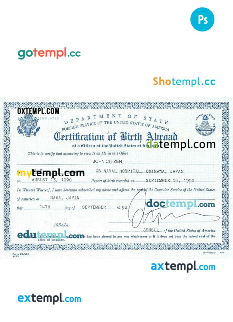 USA certification of birth abroad template in PSD format