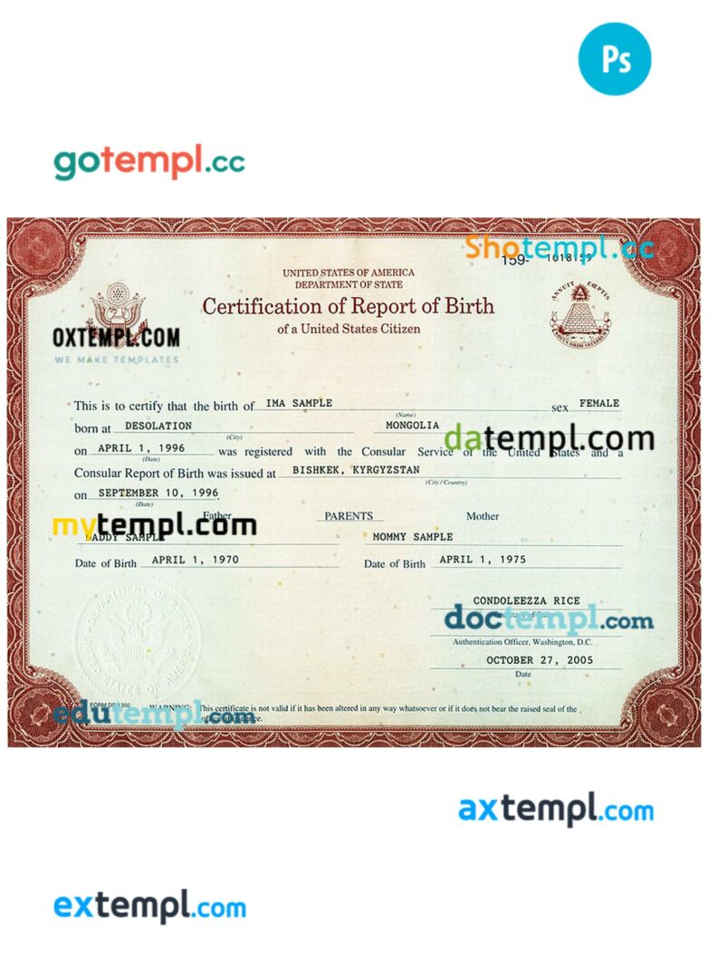 USA certification of report of birth template in PSD format