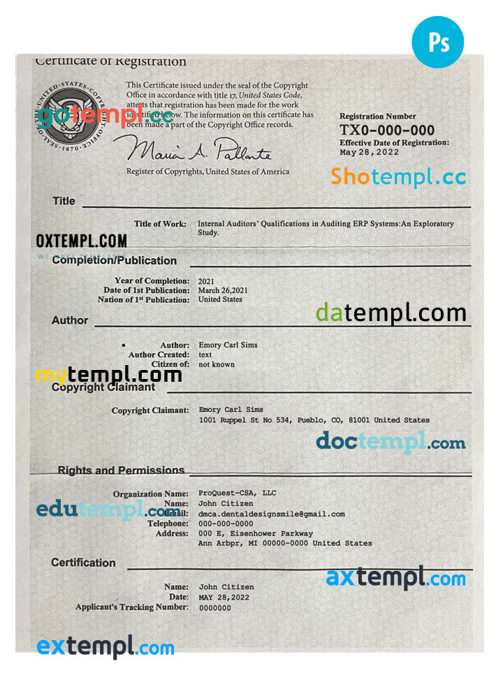 USA copyright company registration certificate PSD template