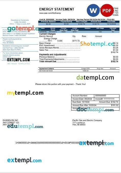 USA California PG&E (Pacific Gas and Electric Company) business utility bill template in Word and PDF formats, version 2