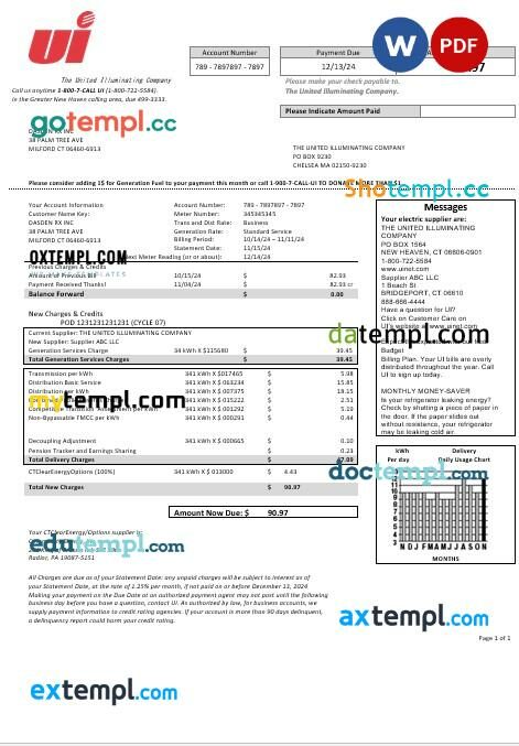 USA Connecticut The United Illuminating Company electricity business utility bill template in Word and PDF formats