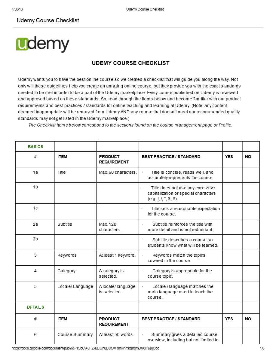 Udemy Course checklist template in Word and PDF formats, 6 pages