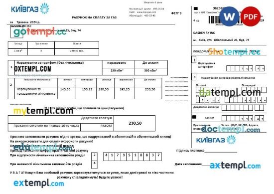 Ukraine KievGaz business utility bill template in Word and PDF formats, fully editable