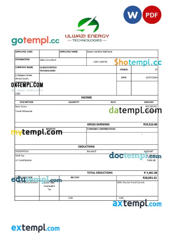 Ulwazi Energy Technologies payslip template in Word and PDF formats