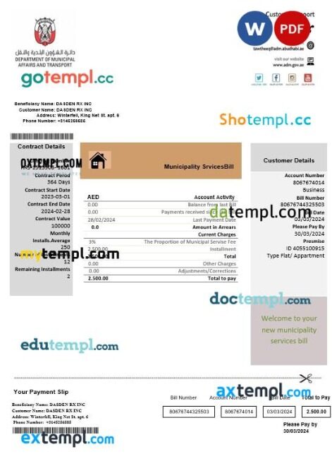 United Arab Emirates Abu Dhabi Municipality Service business utility bill template in Word and PDF formats